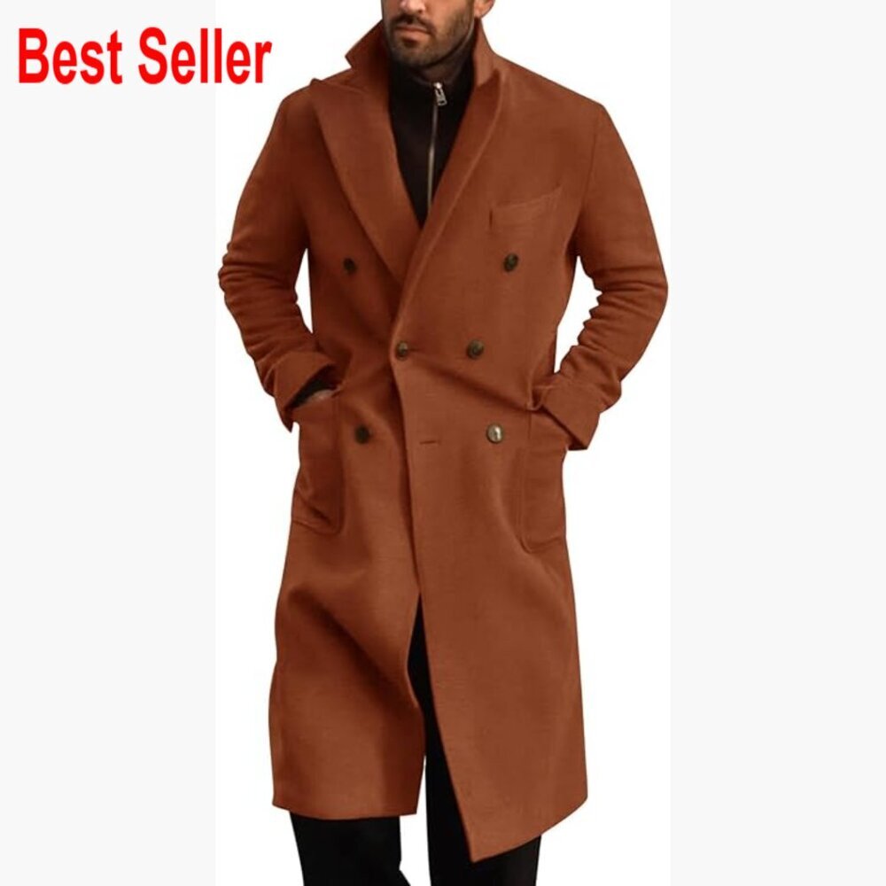 Wool Blend Trench Coat Double Breasted Overcoat Notched Collar